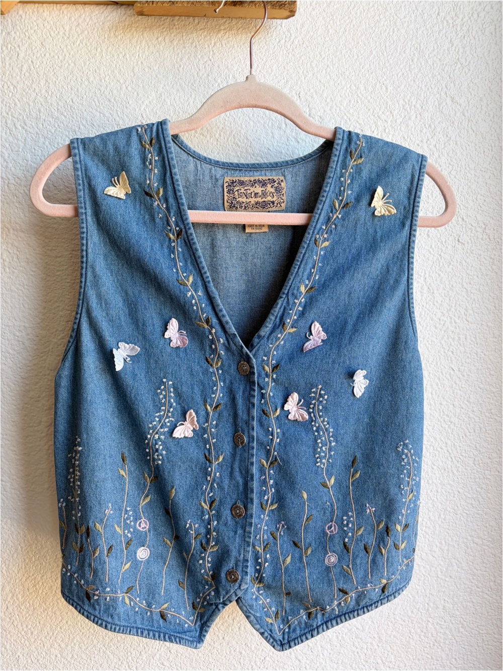 Vintage 90s Denim Butterfly Embroidered Vest Small